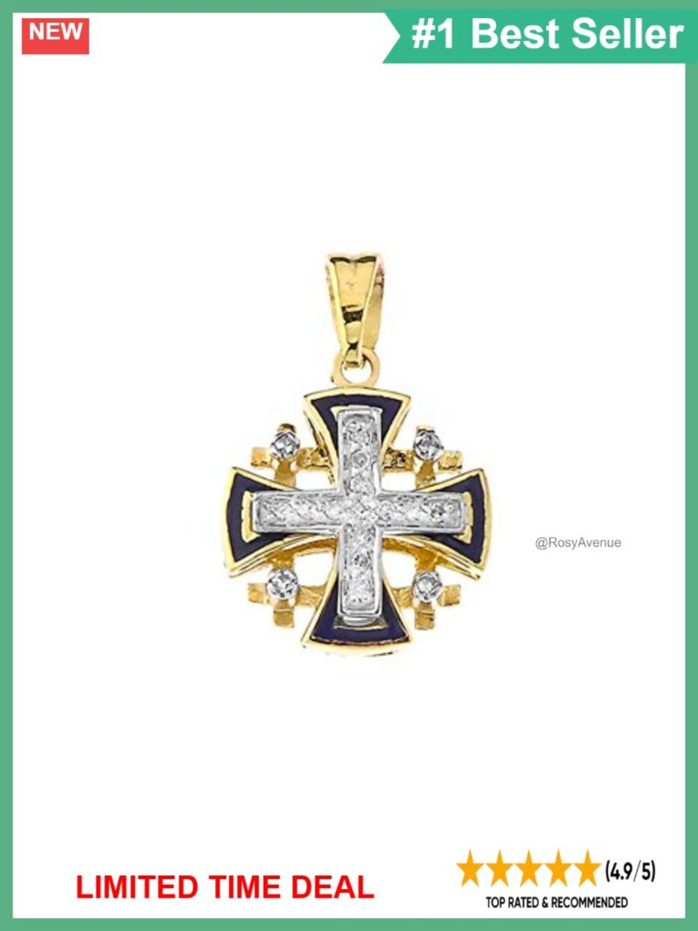 10k Yellow Gold Diamond Jerusalem Cross Pendant Necklace 17 Diamonds